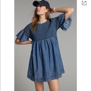 Anthropologie Blue Chambray Smocked Babydoll Dress